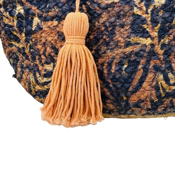 Natural Jute Woven Tote Peach Black 19”x14” Square Wood Handle Shell Tassel - Picture 8 of 16